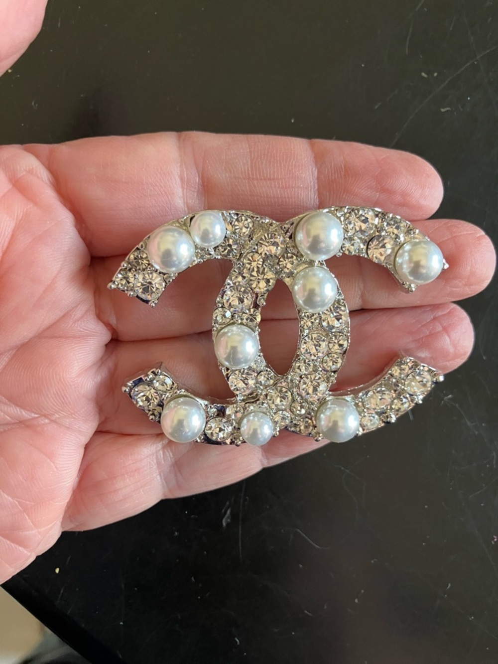 Crystal and Pearl Double-C Logo Brooch - Silver
